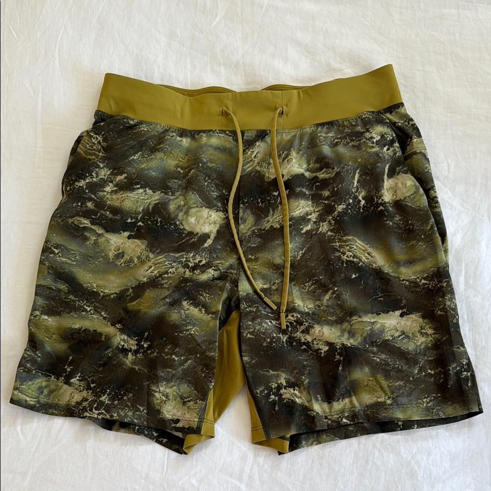 Lululemon Camouflage Linerless Shorts with Olive Accents